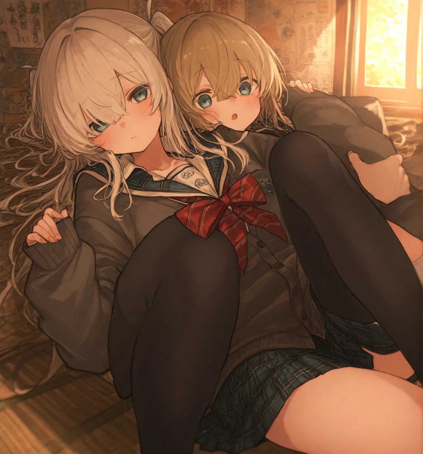 Anime girl with cat ears and pink skirt posing for a photo, she has dark hair with long braids, dwarf girl, grey eyes, bottom view, blushed, no panties, I see your pussy, lying on the wooden floor, spread and raised her legs, legs raised up, small pussy, close-up, spreads pussy with hand, She is satisfied, tight pussy, tight pussy