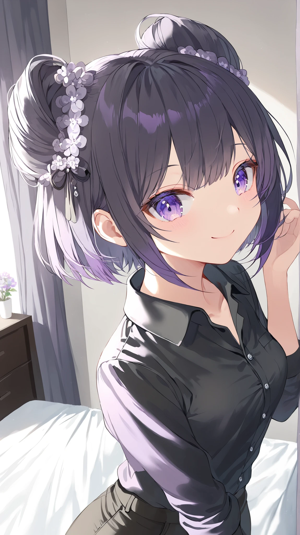 korean young woman, very short black hair with little bit of purple hair made into elegant and cute hairstyle, light purple eyes, small round face, cute smile, small breasts, wearing black shirt and dark brown jeans, background is her room in her apartment