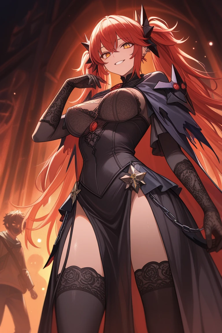 (masterpiece, best quality:1.5), (ultra detailed, high resolution, 8k, beautiful detailed, UHD, best anatomy), red hair, flat breasts, 1 cool girl, Background is red and blue flame effects, Jet black robe, Purple fiery aura over one eye, standing, night, Serious expression
