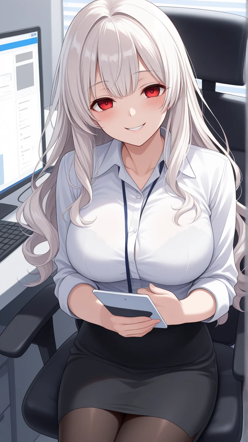 (Highest quality, High resolution, Very detailed), 1 female, Silver Hair, Long Hair, Reddish brown eyes, office staff suit skirt, lace thong, garter belt, secretary, 24th generation, Beautiful woman, mature, quiet, Calm, Large Breasts, A small smile, office,