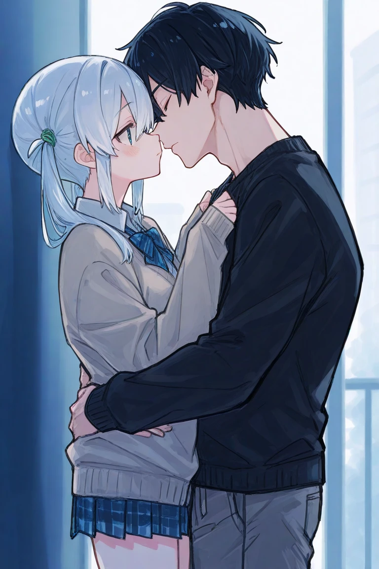 (((obra-prima))), (((melhor qualidade))), alto, ((((((1goroto with short black hair and 1girl with long gray hair are kissing)))))), ((((1girl she has gray hair with blue eyes and 1boy he has short black hair with red eyes who are classmates)))), ((((They have different hair colors and eyes do not confuse)))), (desenha Kei e kiyotaka ayanokoji olhando um para o outro), (2schoolmates who are Kei and kiyotaka ayanokoji looking at each other), (Kei1), (1Menina), (((((Ela tem olhos azuis))))), (ela tem cabelo longo), (ela usa um uniforme escolar), (ela tem fita), (ela tem franja), fcollarbone, ela tem cabelo grisalho, (ela tem faixa de cabelo preto), (she has neck tape), (cabelo entre os olhos), (She has medium breasts), (Tiroteio de Cowboy), (she is looking seriously at Kiyotaka Ayanokuji), (anatomicamente correto corpo inteiro), (is standing in the street with rain falling), (esta com uma cara triste e preocupada), (Full detailed scenario), (1menino), (Kiyotaka Ayanokuji), (adolescente de 15 anos), school uniform white shirt black jacket open jacket red tie long black pants seated, ((((ele tem olhos vermelhos)))), ((ele tem cabelo preto curto)), corpo inteiro anatomicamente correto, pernas normais, usa sapatos pretos, (ele esta olhando para Kei1 ou para a garota), ((He's in front of Kei wanting to give her a kiss with his eyes closed)) , (it's head on for Kei), (Cena emocionante), (misterioso), (Full scenario), ((((They're soaking up with a lot of passion and abrasion)))), ((((They are being wet by the rain along with their clothes)))), ((Their bodies are anatomically correct and detailed without errors))