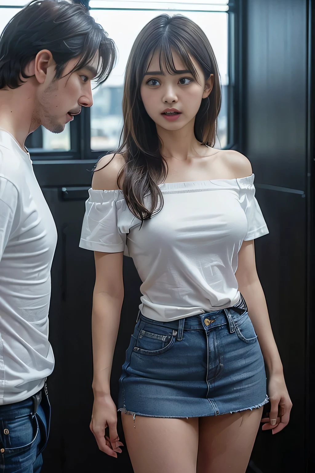 young man with short black hair:1.7、Angry expression when looking at the girl:1.7、