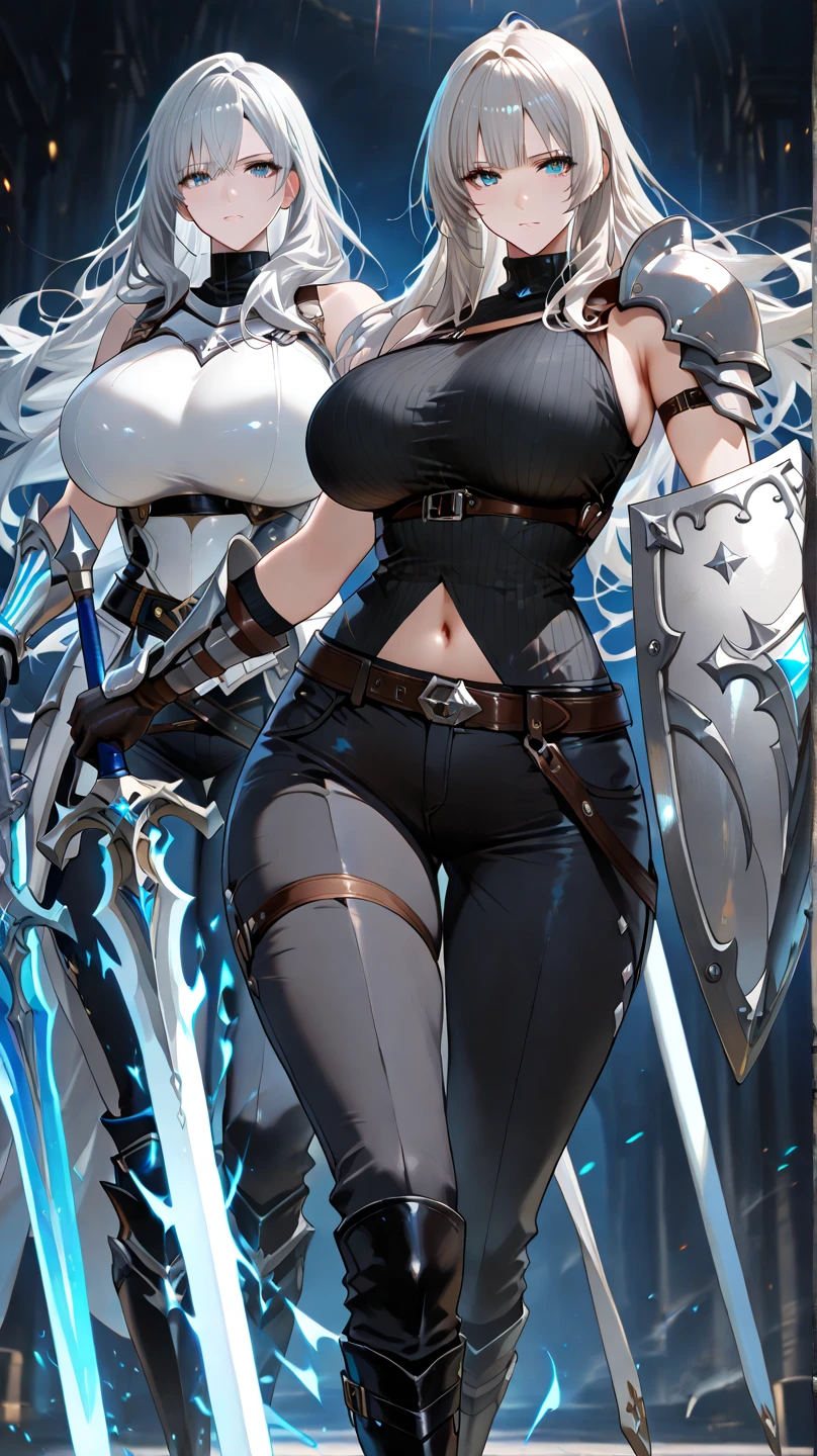 Very detailed、highest quality、(Best image quality:1.5)、(masterpiece:1.5)、8k、(Two women standing side by side:1.5)、Anime Face、A kind smile、Open Mouth、Sparkling blue eyes、(Blonde wavy hair:1.5)、(Muscles of the whole body:1.3)、camisole、Thigh belt、(Wearing white bikini armor:1.5)、(Cowboy Shot:1.5)、(Leg armor:1.5)、Wearing a helmet、(Holding a battle axe:1.5)