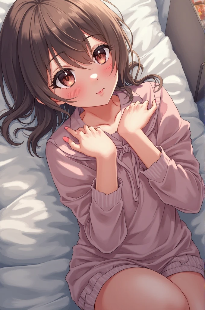 Let's think step by step,Highest quality, masterpiece, Ultra-high resolution, 8K,Show anime style ,Soft Line Art, Digital Enhancement, shojo anime touch, shojo manga core, Flowing fabric, close, Soft Drawing, Ultra-Definition Digital Anime Art, Clear facial depiction, Super detailed girl cartoon character art, Ultra-detailed manga style, Highest qualityの色,１People Women,(A woman with short brown hair), Wet Hair,Beautiful brown hair, Clear brown eyes, Slightly chubby,Small breasts,The butt is small,pajamas,(She is lying in bed, Cover yourself with a blanket)),I sleep in the bed with her, Her face as she lies peacefully asleep,She wakes up,私 call out good morning,((She looked sideways and smiled seductively...)),(Focus on the face)
