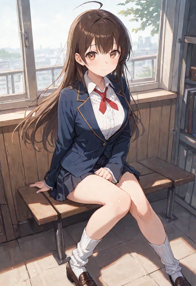 Image of a girl sitting on the stairs masterpiece, Highest quality, High resolution, One Girl, Brown haired, Hair length, Bans, Brown eyes, well-balanced large breasts, 、Brown Check Skirt、cardigan、White lace panties light interior、Sit on the stairs、School Background、Low angle、Laughter、Open your mouth、Spread your legs、White socks