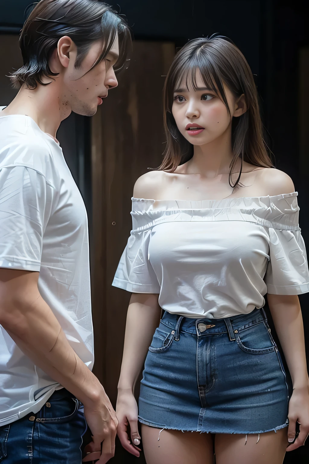 masterpiece，highest quality，Advanced Details，1 male，1 female，((Hotel Bedroom:1.4))、((Japanese woman with short hair:1.4))，18-year-old female:1.7、((A woman wearing a white short-sleeved off-the-shoulder shirt and a denim miniskirt:1.4))，1 Japanese middle-aged male，Black Haired Man，That man is very handsome，((A man hugs a woman and touches her breasts:1.4))，The woman is short，The man is tall，Reflects the height difference between men and women，The woman&#39;s height is 160cm.，The man&#39;s height is 175cm，((They&#39;re both standing next to the bed.:1.5))、Women are the protagonists、Women are skinny，Small breasted women、