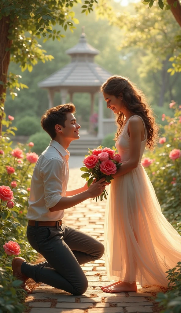 A boy with his girlfriend to propose for marriage take a rose in his hands

