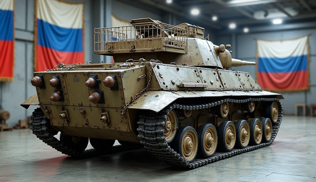 <lora:Panther_Tank:1> a panther tank in a pristine white room, concrete floor, indoors