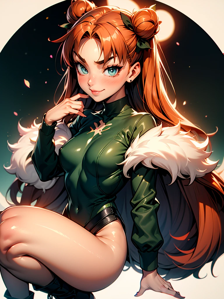 Teenage girl, brown skin, lion ears, red hair, abundant hair, small chest, wide hips, skirt, crop top, high stockings, green eyes, furry, American comic, cartoon, comic. --auto --s2