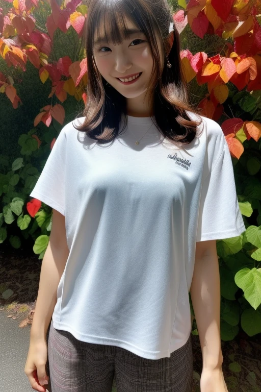 japanese sober girl,damaged hair,white t-shirt,jersey gray pants,large tareme,curvy,ponytail,smile