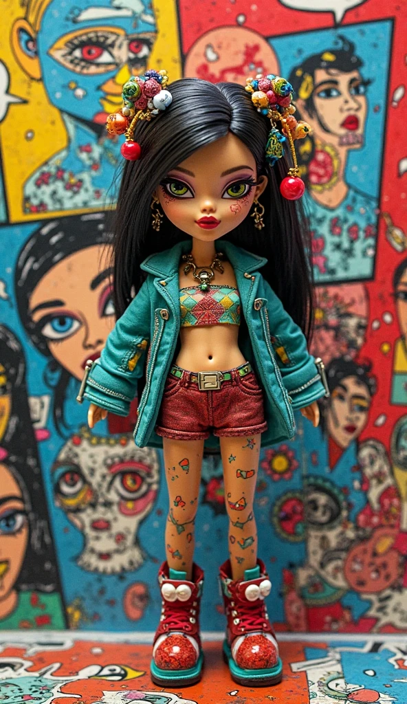 Bratz girl with detailed eyes and big lips and brown curly rococo hair, wearing plaid skirt and tied white shirt, full body , plastic skin , doll joints , ,(masterpiece, top quality, best quality, beautiful and aesthetic:1.2), doll, revealing clothes, big head, 1girl, solo, breasts, curvy, wide hips, narrow waist, joints, doll joints, cleavage, bursting breasts, huge breasts, lips, haniyasushin keiki, 1girl,head scarf, blue hair,long hair,red eyes,jewelry,magatama necklace,long puffy sleeves, arm ribbon,single strap, yellow dress,green apron, pocket, midriff, full body, high heels, thighhighs, long legs, gyaru