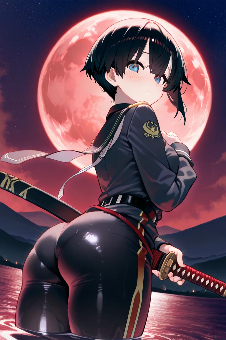 1girl, tan skin, tan, tan-skinned female, from behind, ass, ass focus, thong, panties, jacket, smile, smirk, smug, breasts, huge ass, ((huge ass)), thick thighs, mature female, milf, hourglass figure, black hair, very short hair, yellow eyes, forest, black jacket, ((black jacket)), hooded jacket, belt, military hat, cap, gloves, highleg, spiked hair, ((highleg)), military jacket, bare legs, tomboy, ((walking)l, walking, walk, ((walk))
