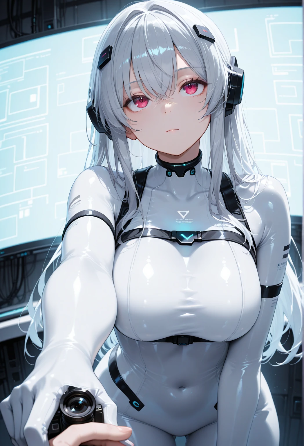 highest quality, masterpiece, intricate details, Super detailed, Highly detailed 8K wallpaper, mechanical girl, (Machine Eye), In production, Semi-completed machine body, mechanical limbs, gray hair, mechanical joint, Fully mechanized from the neck down, Cable connected to the head, Cables connected to the main unit, electronic circuit, factory,