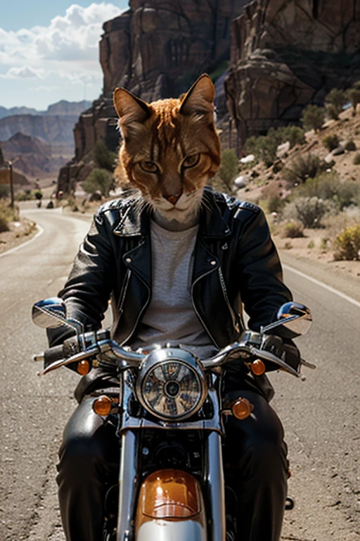 Generate a super buff cat riding an Italika 250z motorcycle with a completely black helmet and a beautiful cat behind him, holding him around the waist.