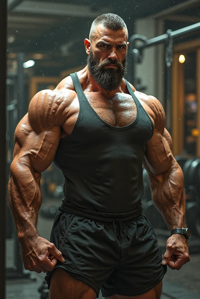 Henry Cavill, hairy body, underdressing, bare-chested, there is a large erect bulge in the beach underwear, muscular giant, 3 meters tall bodybuilder, flexing, massive biceps, oversized biceps are 240 inches, with long oversized arms, bulging muscles, prominent veins, broad shoulders, beefy build, hefty, muscle swelling, very hot male, beefy pecs, hairy chest, six-pack ABS, hairy abdomen, hairy groin, manly, handsome male, wide jawline, full of muscles veins, stare straight, much testosterone, shaved beard, tough guy, small gold necklace, shy smile, hyper realistic style, erotic, ultra hd, realistic, vivid colors, highly detailed, UHD drawing, pen and ink, perfect composition, beautiful detailed intricate insanely detailed octane render trending on artstation, 8k artistic photography, photorealistic concept art, soft natural volumetric cinematic perfect light.