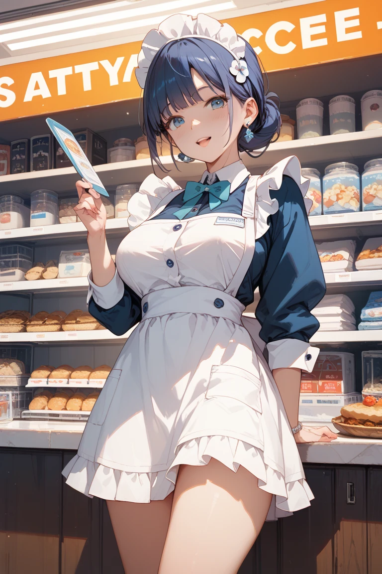 seesucker pattern shirt, blue and white shirt ,in supermaket mini mart, no panty show pussy