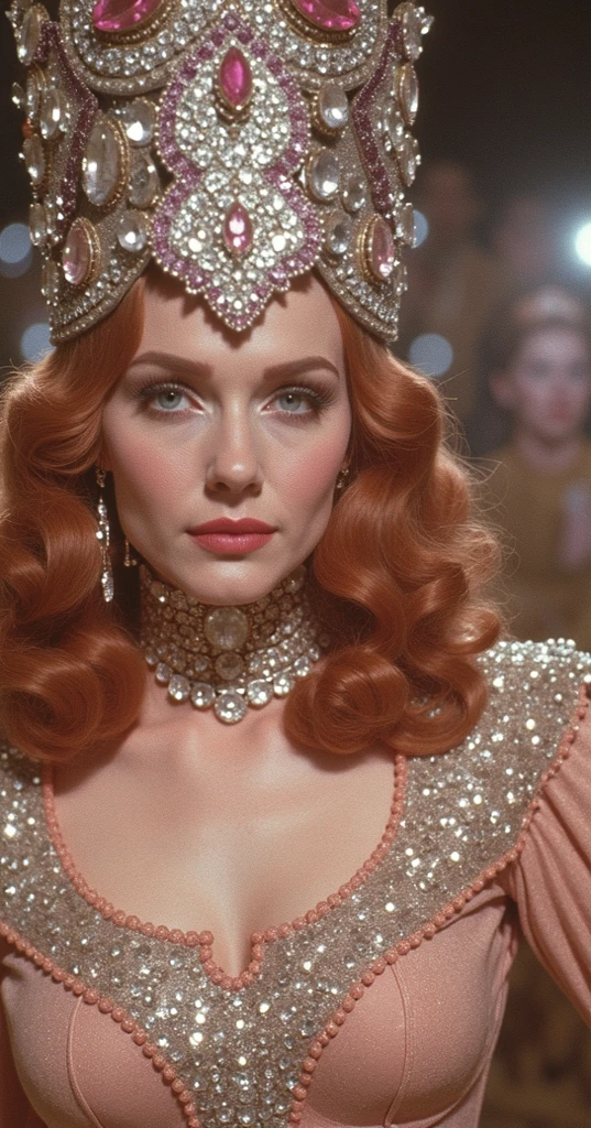 a closeup of a woman in a corset dress with a group of people, the art of edwards poster, gold and copper armor, mechanic, seventy, Face like Ester Exposito, 1 9 7 0 s living woman, keyframe, punk doll, gold band around her breasts, barbarella, METAL, mechanicanical, mechanicanical superstructure  