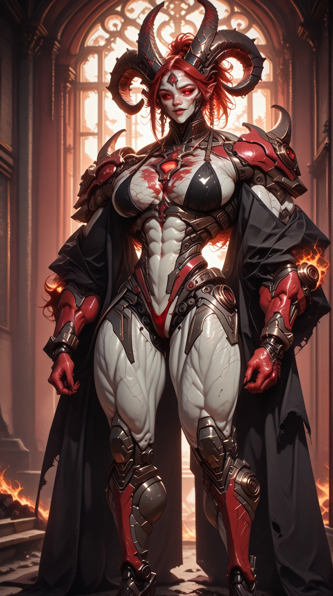 (megan fox:1.25), (muscular:1.5), (full body view:1.25), (masterpiece:1.1), (best quality:1.1), (ornate:1.1), (red and black armor:1.26), (horror:1.0), (esoteric:1.1), (solo:1.4), (dynamic angle:1.0), (cowboy shot:1.0), (woman:1.1),(very muscular bodybuilder girl:1.25), (huge upper body:1.25), (narrow hips:1.0), long hair, (gothic intricate vampiric armor:1.25), (gauntlets:1.0), (shoulder armor:1.1), ((tarot style frame:1.25)), (glowing red eyes:1.25), (huge muscular arms:1.5,), (10-pack abs:1.4), (lots of veins:1.25), thin legs, Realistic, Very detailed face and eyes, masterpiece, (beautiful girl face:1.25)