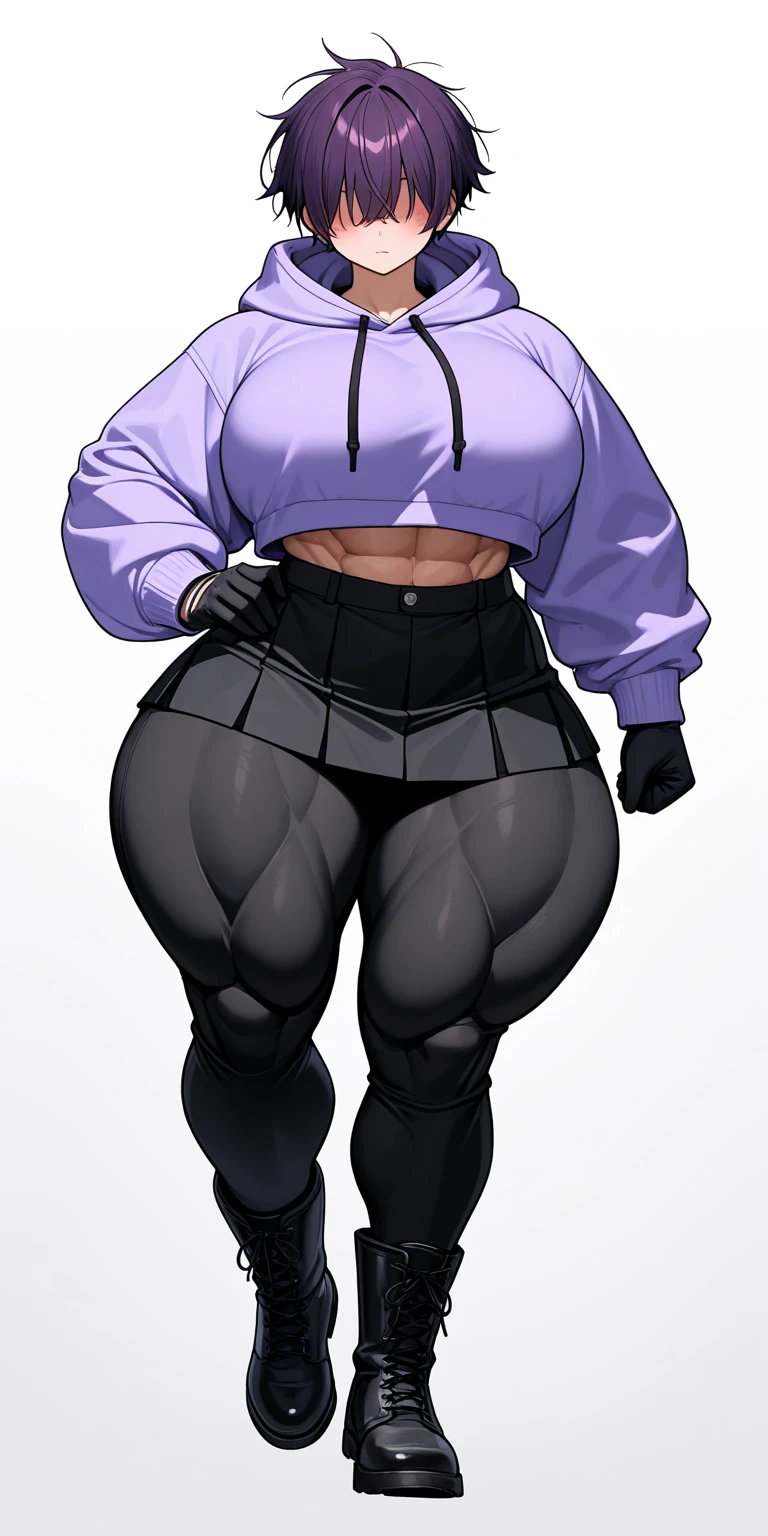 small chested girl with a good bit of muscle, a faint six pack, wide hips, thick thighs blonde, green eyes, pitch dark black blank background, uniform outfit