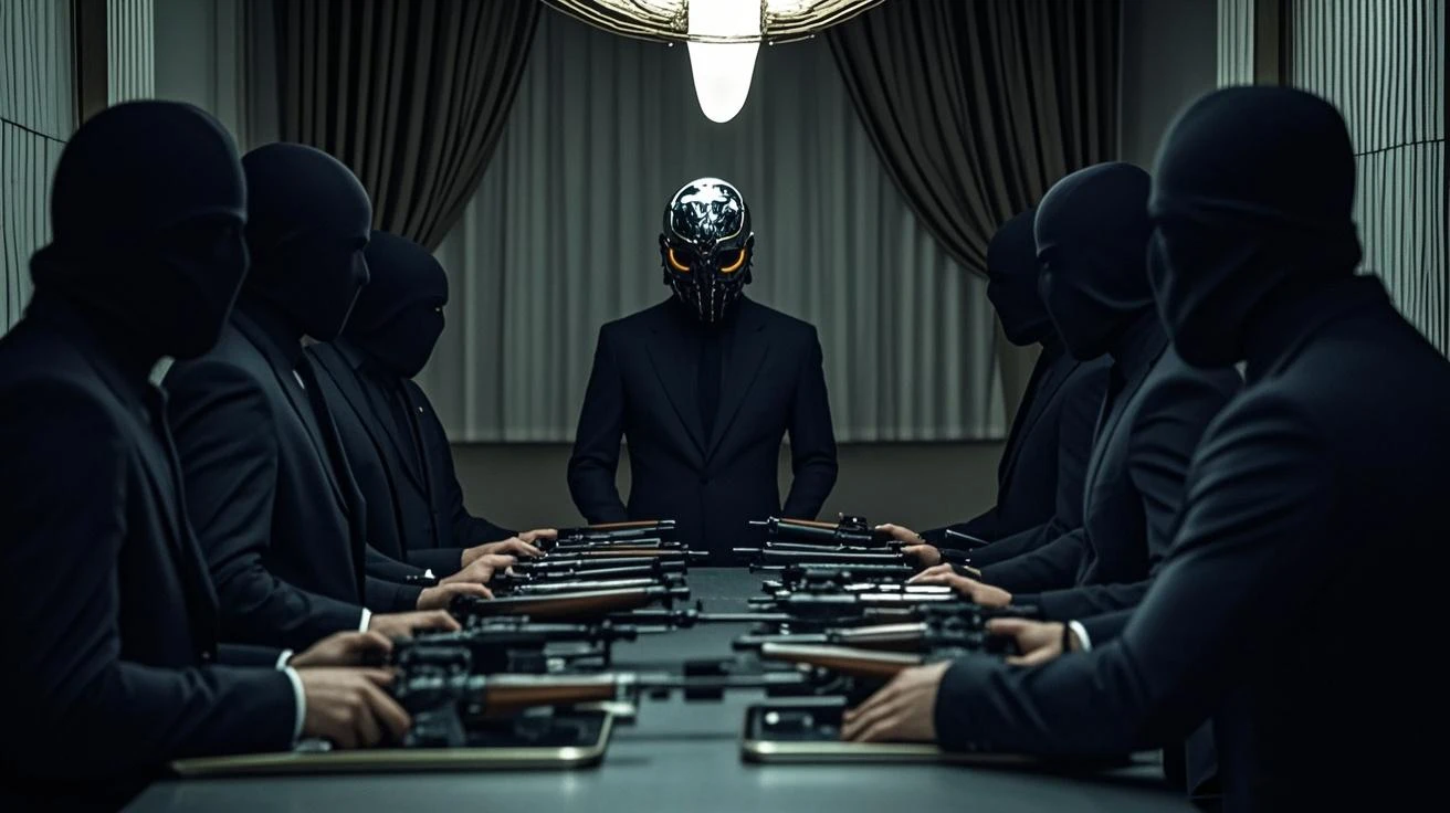 Men in black around a table full of weapons and being led by an attractive black-haired man, white skin and grey eyes