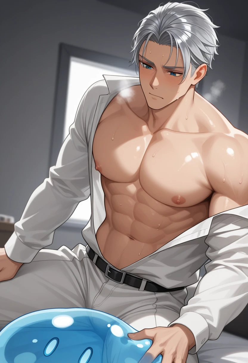 One boy((Silver-haired Levi Ackerman)、Gay、bunny、(Erection under clothes)、blush、Sweat、humidity、hot、orgasm)、Spread your legs、Put your hands behind your back