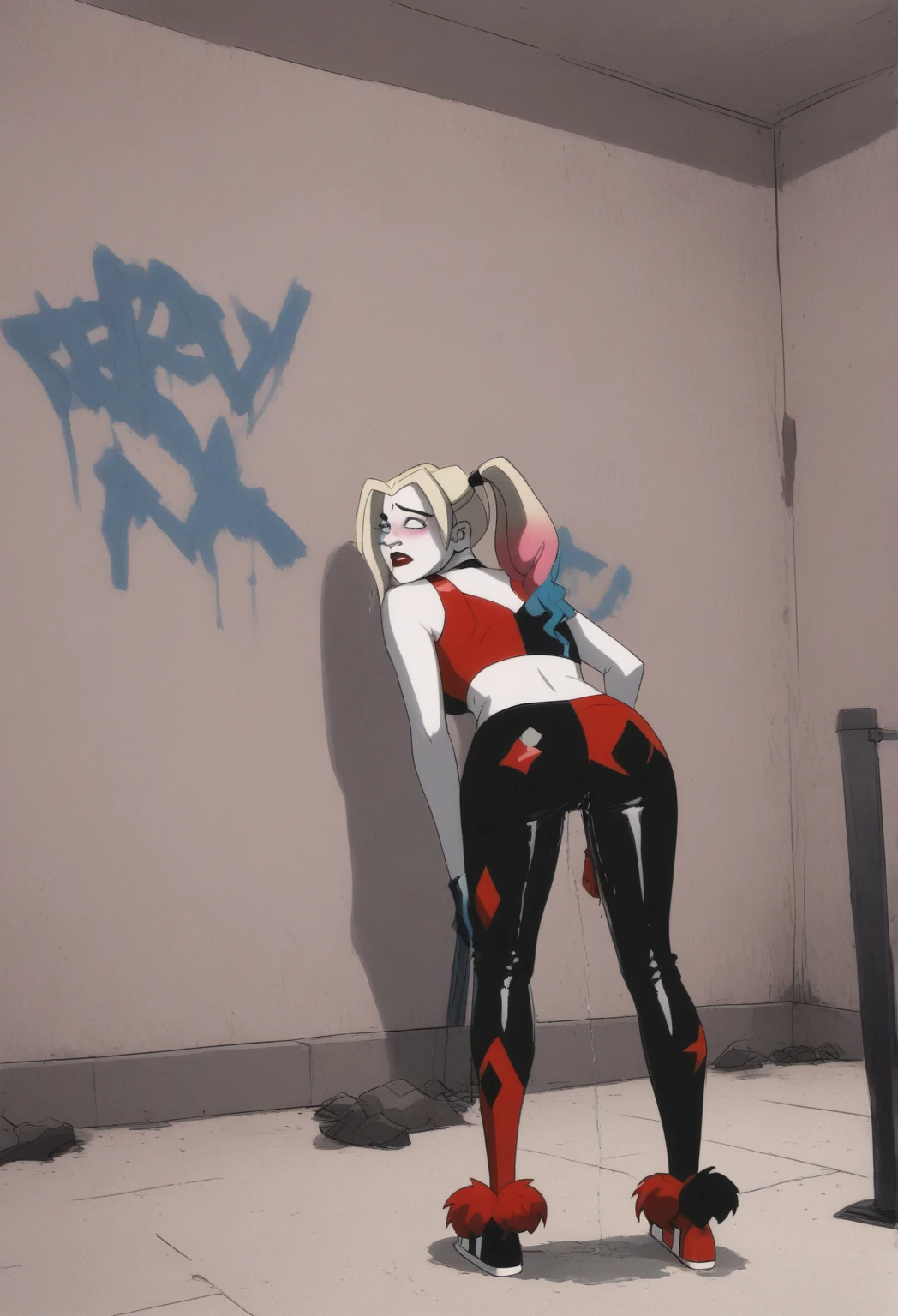 Harley Quinn, medium breasts, small ass, pale skin, Detailed fingers, beautiful woman, detailed face, masterpiece, absurd, blonde hair, twin tails, sexy, full naked body, nude body, smiling, looking on viewer, shy, pussy, Mouth open,