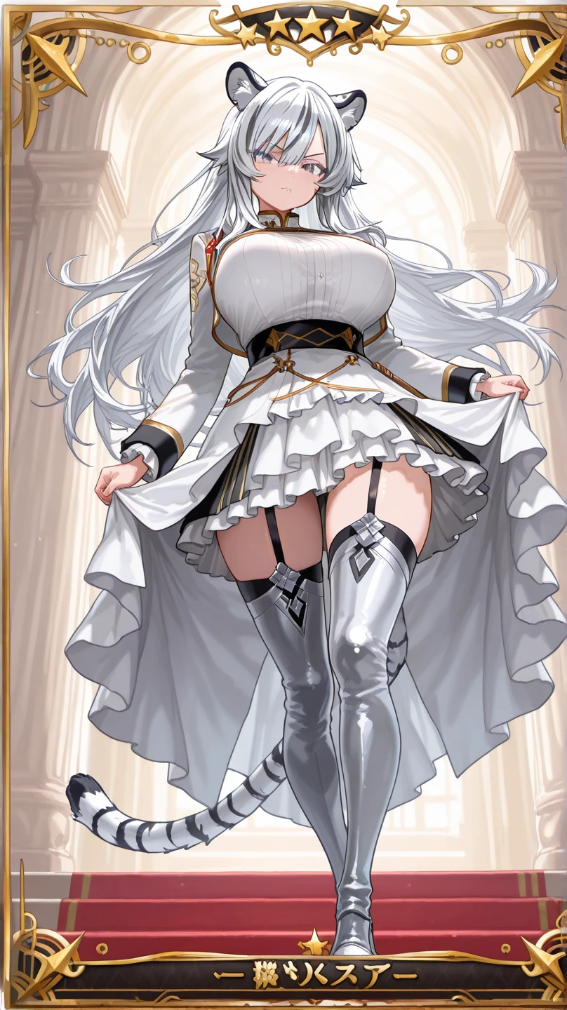 Ultra-realistic 8k CG, beautiful girl with white hair, blue eyes, open mouth, puffy, plump body, corset breast, fleshy thighs, white patterned stockings, high heels, full body, looking at the audience, symmetry,