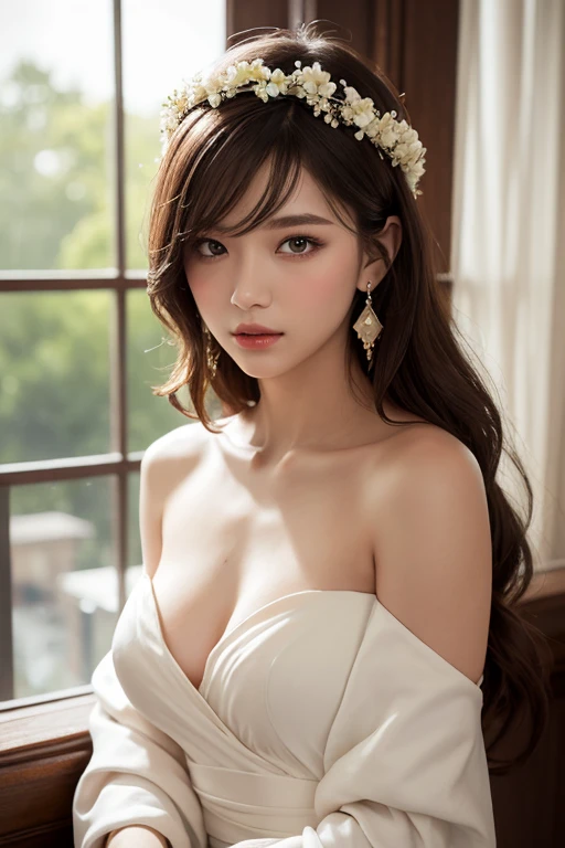 (Photorealistic), (Ultra High Realistic), (Ultra High Definition), (Ultra High Detailed), (Increase the contrast:1.5), (Increase the Saturation:1.9), (1Girl), Beautiful face, Cute face, Face Slimming, Japanese young girl, semi long curly hair, (light Brown hair), ((Slimmer)), ((Waist Slimming)), ((Small Buttocks:1.5)), ((Slimmer Legs:1.5)), (small Breasts:1.3), (Cleavage:0.8), (perfectly shaped Nipples), (small and Beautiful Nipples), ((Wedding dress)), (Off -shoulder), (((In the palace of Elizabeth))), movie lighting,