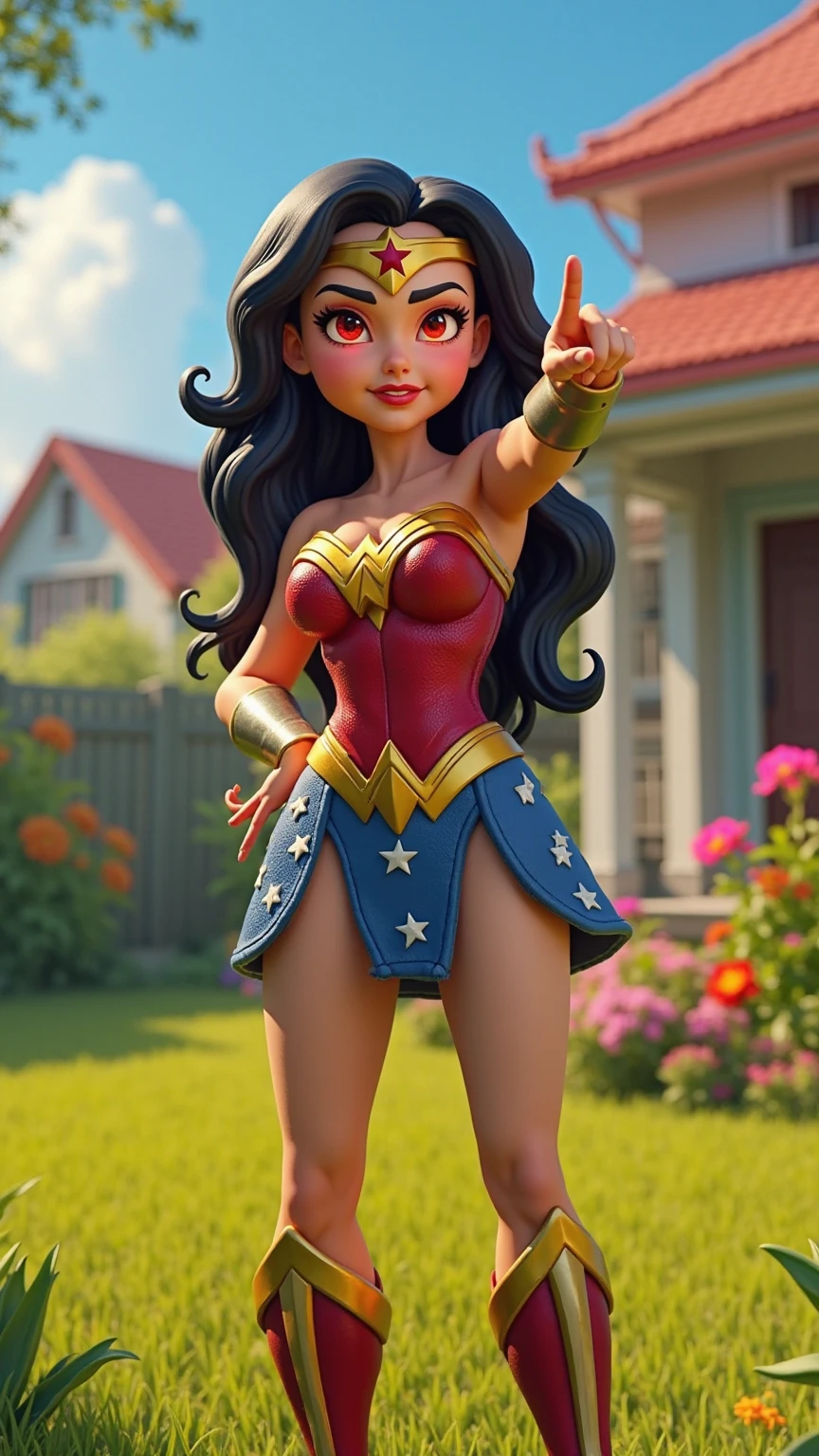 sexy 18 year old, wonder woman, brown long hair in a ponytail, in a sunny environment