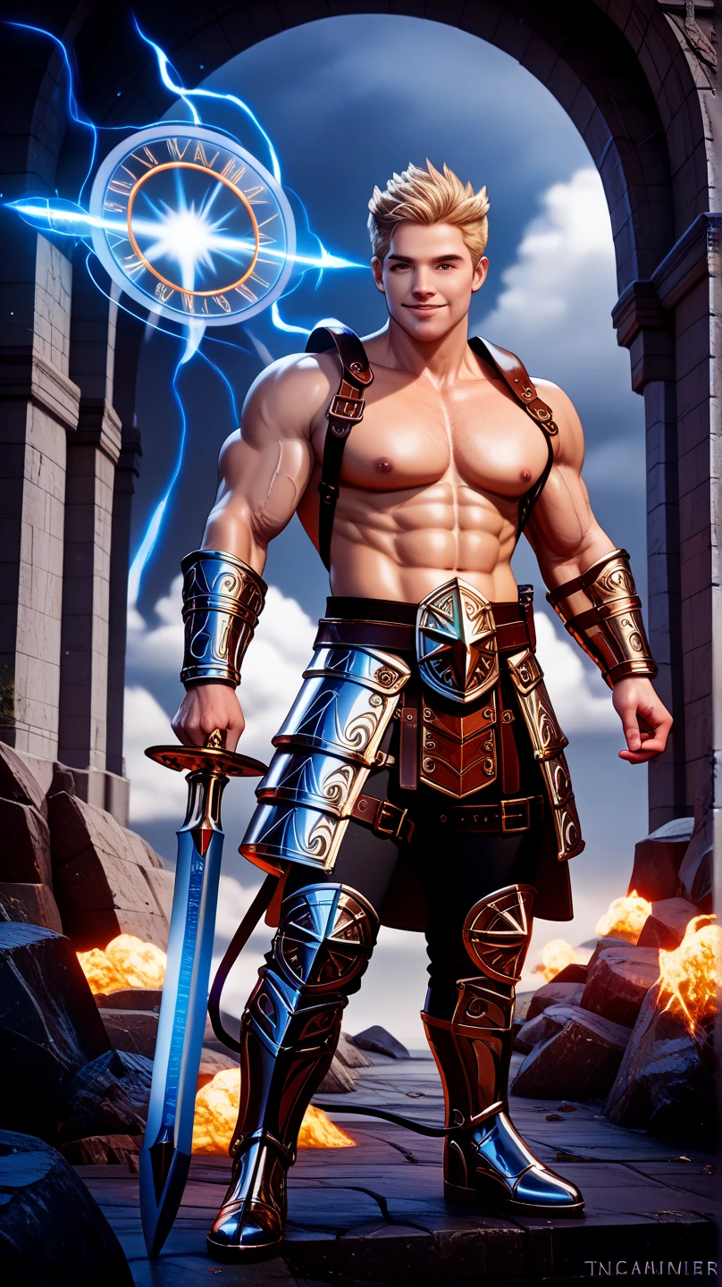(max resolution: 1.2), (Ultra HDTV: 1.2), 8K resolution, Eye and skin details, face details, , (Sharp focus: 1.2), (Sharp focus) face: 1.2), 1 Guy, 30 Years Old, Standing, Blue hair, Beard, holding sword, Chest exposed, 8 belly, (No shirt) Shirtless, White thighs exposed, (( (Black briefs) )), (((Technology, Science Fiction)))
