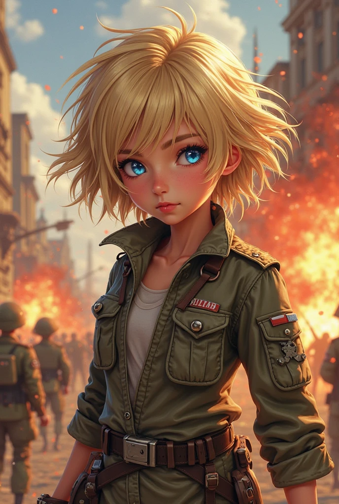 Tomboyish style girl, blond short hair, blue eyes, wearing belly free tanktop reveling her toend abs also wearing camo print trak pants as well as Military style combat boots. backround is a city ruin