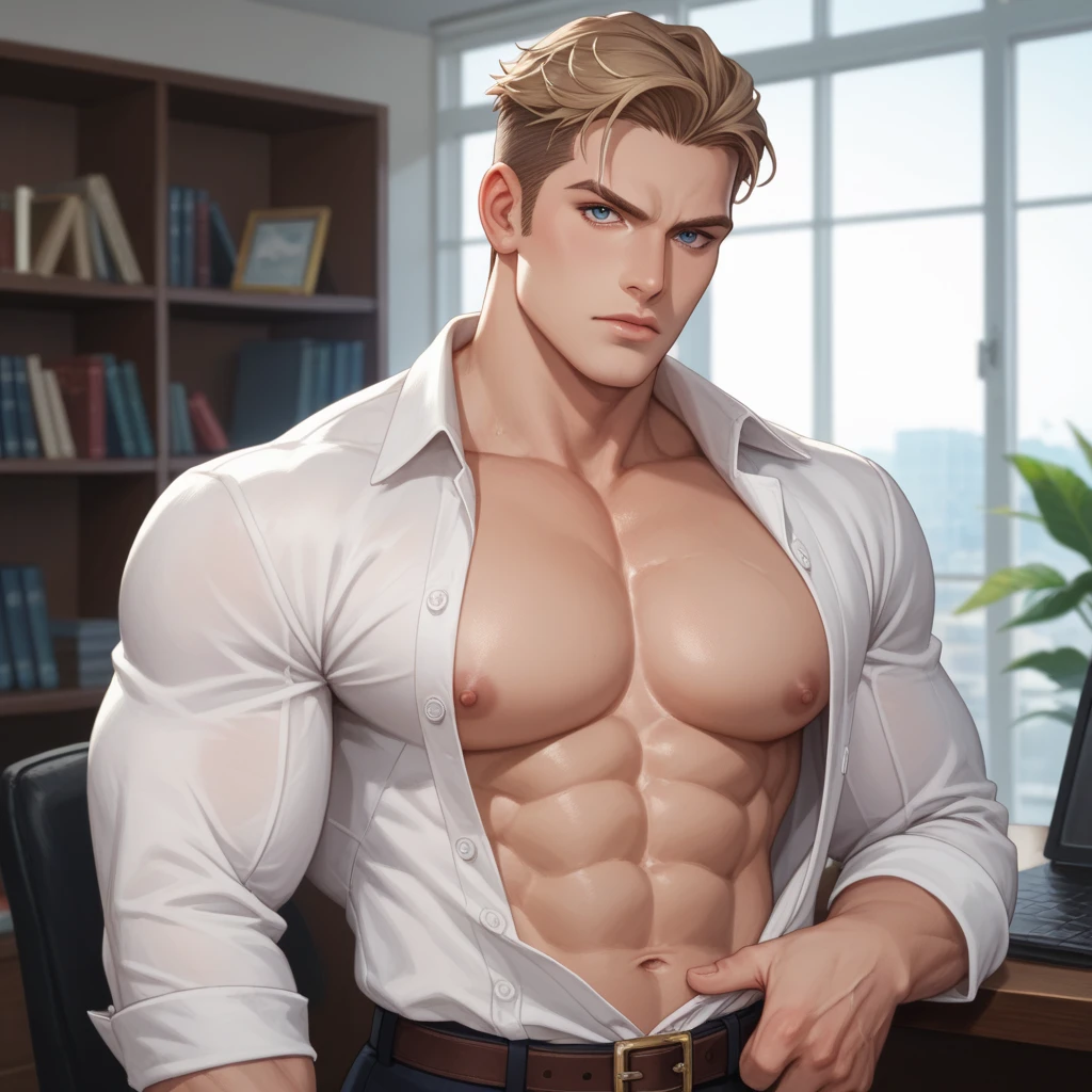 agent_twilight, masterpiece, best quality, (blush), (colorful), shirt, necktie, pants,Muscular body, Imposing body, Imposing appearance, muscular arms, muscular legs, only body, trapezoid torso, sturdy body, muscular body, defined round and fleshy pecs, defined washboard ABS, defined arms, defined legs