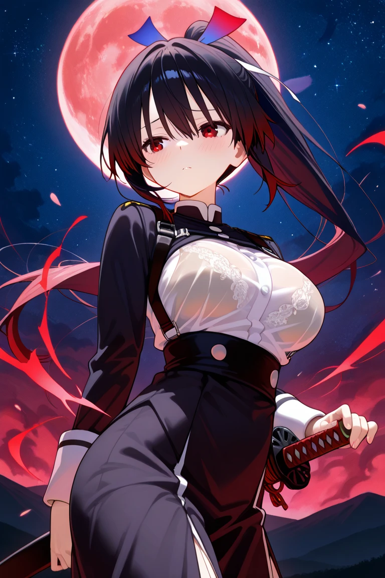 White gloves, red eyes, white jacket, white skirt, best quality, masterpiece, Highly detailed, illustration, absurdres, white military uniform, white uniform, white hat, solo, 1girl, expressionless, blank eyes, looking at viewer, emotionless, corruption, mind control, female combatant, full body, hypnotized, unhappy trance, perfect female body, extremely glossy latex, belt, hypnosis, hypnoLora, empty eyes, Mind control device, thigh high, Bleach, Quincy, thighhighs, tight miniskirt, hair ornament, kotomi takanashi, black hair, black eyes, short hair, large breast, huge breast,