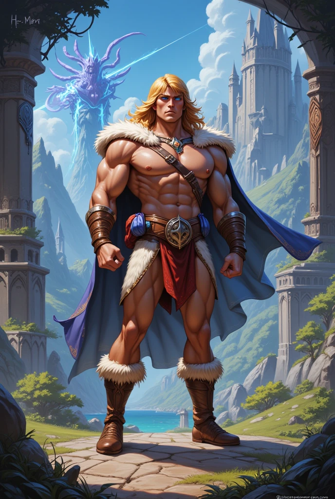 Ax-Battler is just a 30-year-old man, an imposing and fearless Nordic warrior, with a tall stature, an athletic body with very robust and well-defined muscles. Her long, blonde hair falls over her shoulders, giving her a wild and untamed appearance. His blue eyes are piercing, shirtless, he wears blue swim trunks, blue boots, silver bracelets and a gold necklace. On his belt, he carries small talismans and amulets. His countenance is serious. He wields only a long, shining sword. The sword's blade is polished and sharp, reflecting the light with a menacing shine., Training to fight with your sword, Zoom Out, Fantasy, Ultra Realistic Style