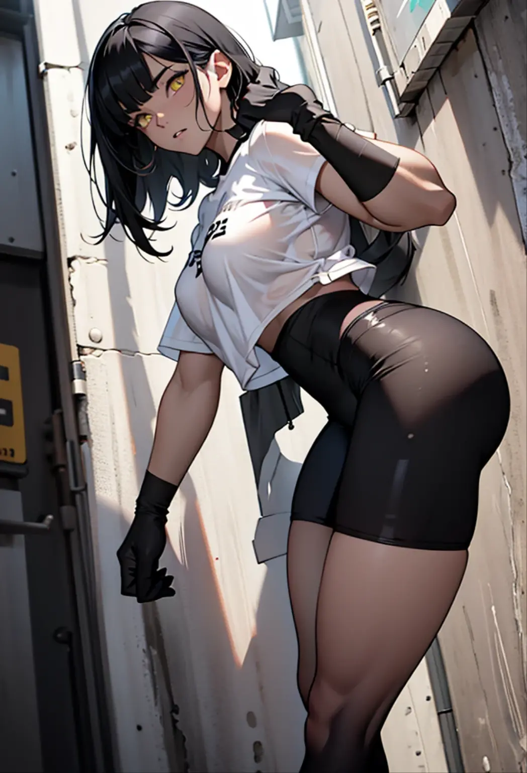 (((Masterpiece, Best quality, photograph realistic))), hyper HD, 8K wallpaper, high resolution, Perfect anatomy, Cinematic lighting, Award-winning, Extremely detailed skin, extra detailed face, Eyes with beautiful details, ((1girl, very long straight black hair, yellow eyes, huge breasts, sensual, provocative, sexy, voluptuous, naked model sitting spreading pussy for painting artist, stomping on viewer, black pantyhose, foot, sole, pussy, pubic hair, nipples, breast, from below)),
