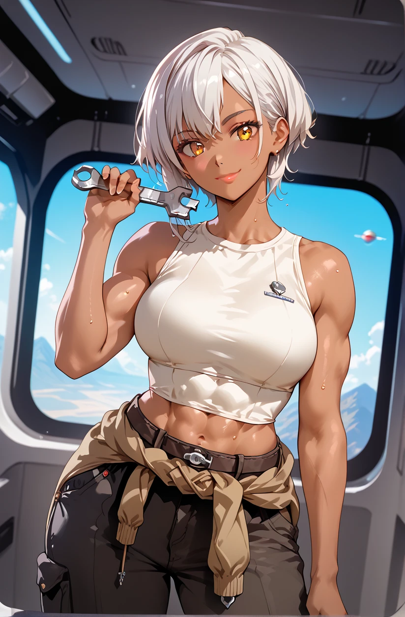 grey hair grey eyes (muscular) curvy (contempt expression) solo pilot tank top leggings (1 girl)