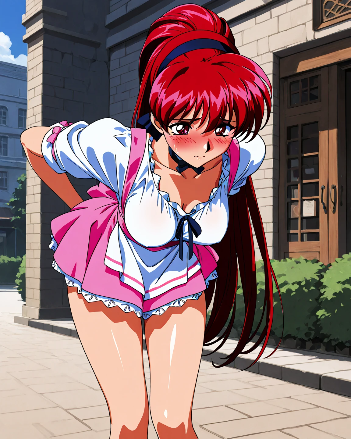 Anime girl with chestnut hair looking to the camera, smile, 90's anime vibe, 80s anime art style, In the art style of 80's anime, Anime aesthetics of the 90s, retro anime girl, 1980's anime style, 90's anime art style, 80s anime style, retro anime images,best quality,8K, beautiful,(white panties、Panty shot:1.2、mini skirt)、big breasts、plump body、back view、look back、whole body、Clothes、