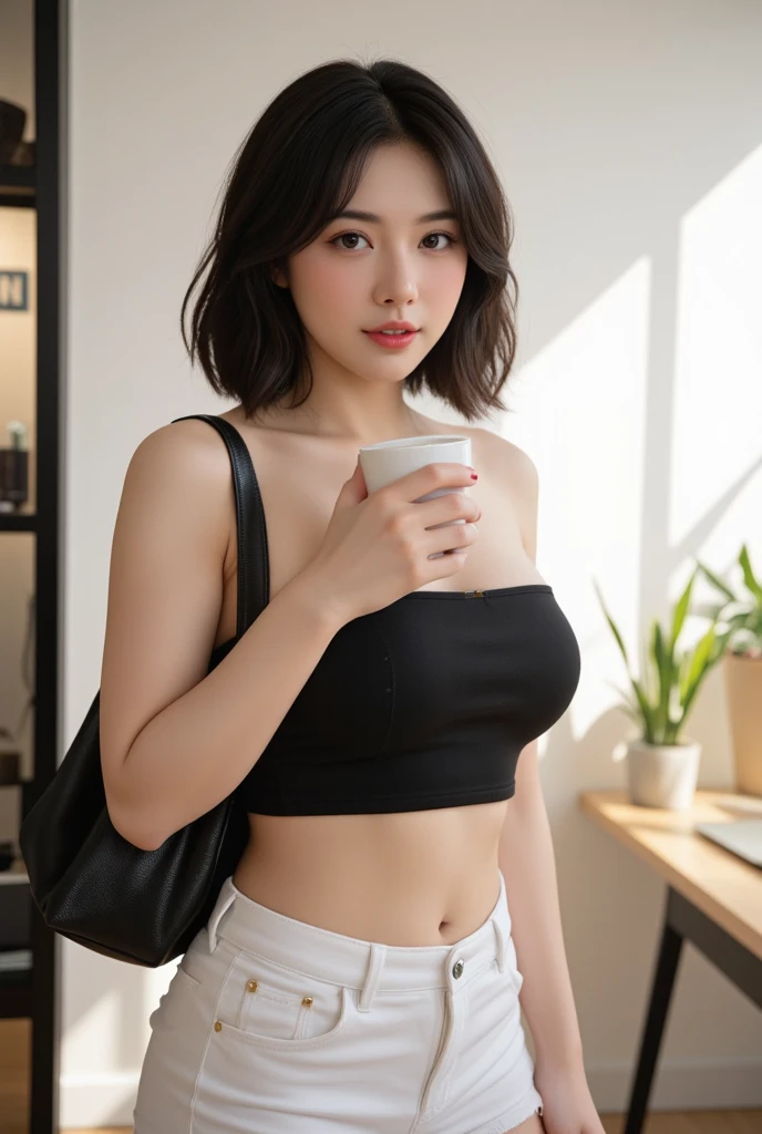 (realisitic、hight resolution:1.3)、1 girl with a perfect figure、Super thin face and eyes、shorth hair、Tank Tops:1 in random color.2、Short jeans、in a cafe、coffee on table、Colossal 、Exposed cleavage