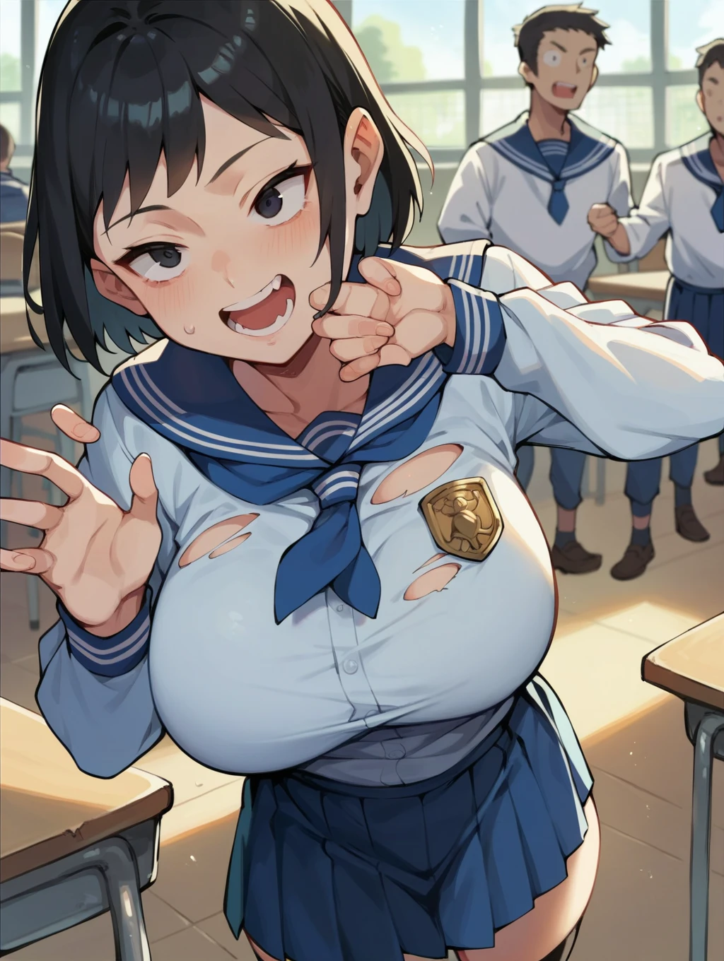 Score_9, score_8_up, score_7_up, score_6_up, score_5_up, score_4_up, source_anime, solo, 1girl, student, young female, sagging huge breasts, wide hips, thick thighs, huge areolae, areola slip, black areolae, tanned skin, sitting in classroom, notebook on desk, sideview, detailed eyes, brown eyes, looking at viewer, pov, crowded, sailor uniform, sleeveless, bracelet, brushed smile, collarbone, head tilt, hairy stomach hair, showing armpit, hairy armpit hair, bukkake cum shot, sperm, penis, Japanese, hentai, cum shot on armpit, crowded, upper body only, sweating