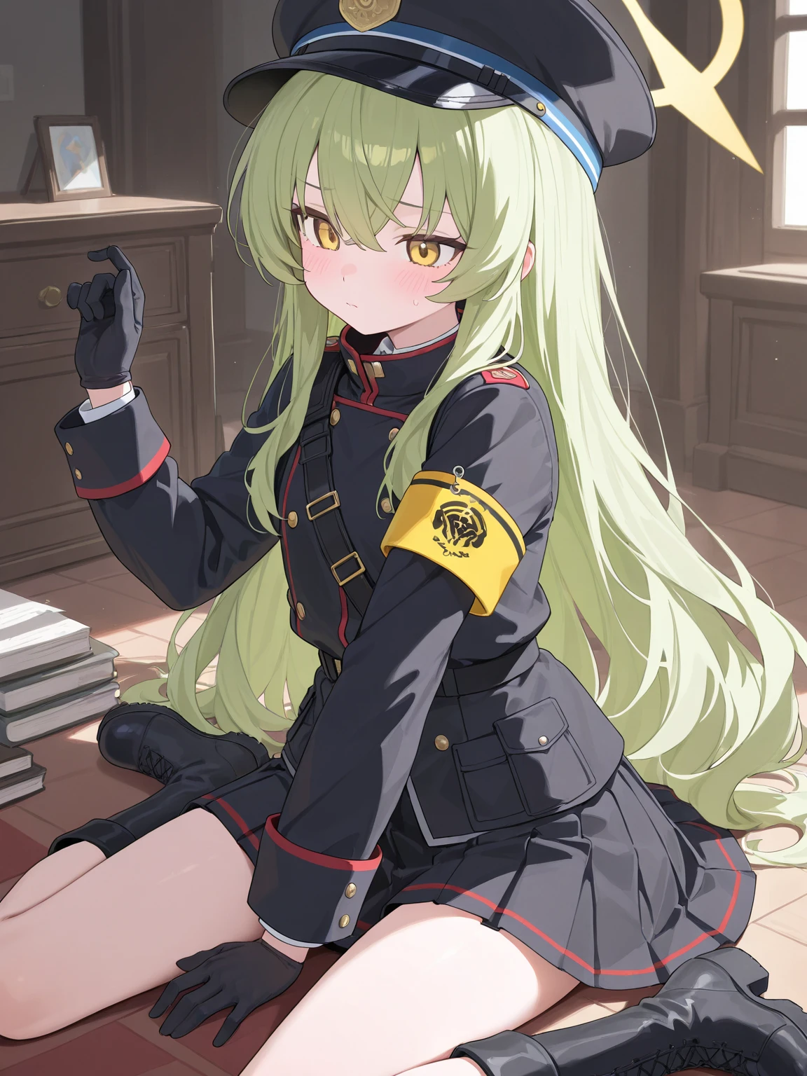 (​masterpiece}, {hight resolution}, {Good anatomy}, (top-quality), (extremely delicate and beautiful), (8k cg wallpaper), (illustratio), 1 girl in, Green hair, Waist Ribbon, The artists, Military Uniform Style, saluting！, Yesser