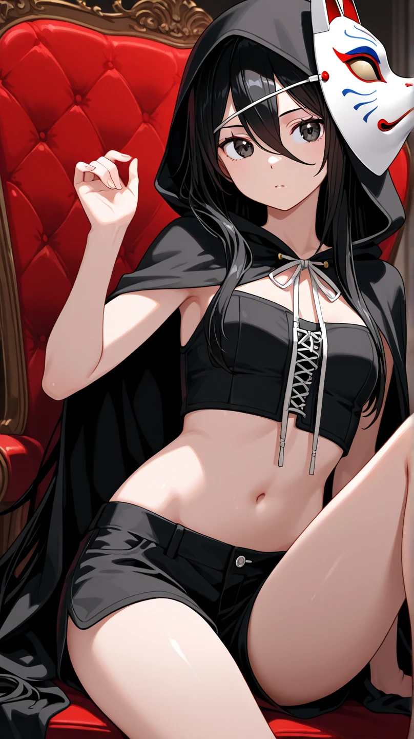 ((8K resolution))、((highest quality))、((masterpiece))、((Super detailed))((((dramatic))), (anatomically correct)、Depth of object being written、look at the camera、one person、one personのJK、front、black hair、long twin drill、stir up、gold earrings、purple eyes、half closed eyes / Bad mood 、tattoo、(theme、whole body:1.1), micro shorts , hoodie、Spiky、scorpion scissors、Scorpion tail、white background