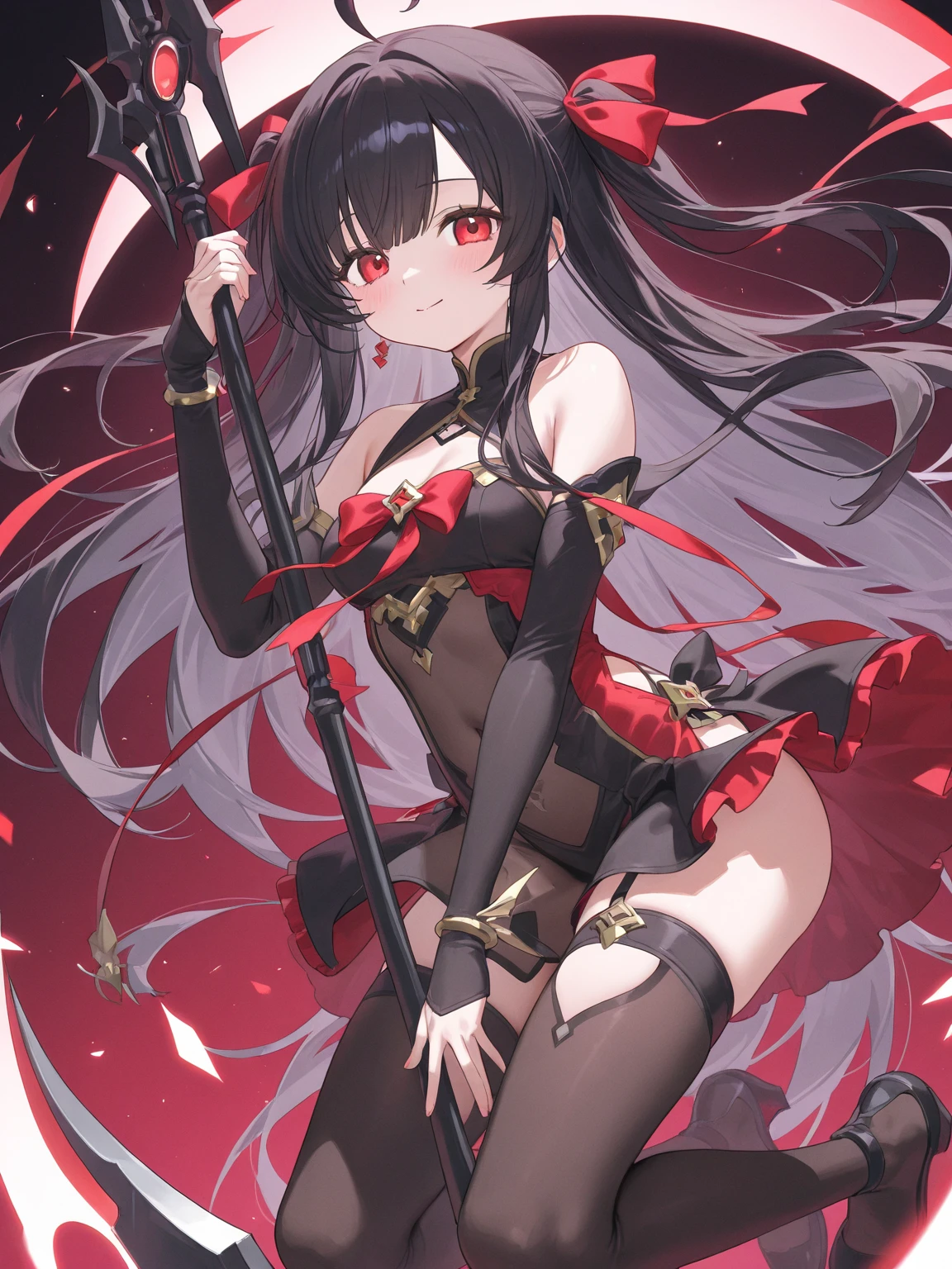 masterpiece, best quality,shiny,chromatic aberration abuse,pastel color,<lora:OutfitYuMeiRenBlackDress:1>,
black dress,bare shoulders, navel,gloves, red background,
1girl,solo,large breasts, red eyes, long hair, choker,
black hair, ear piercing, yu mei-ren \(fate\),
hand on hip, spider lily, fire,blood on_face,blood,