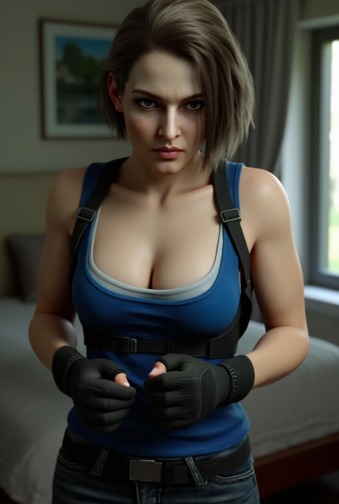 Jill Valentine, seductive look, looking at the viewer, bare breasts, on his knees in front of me, POV makes me a paizuri, POV my penis between her breasts, In a room.