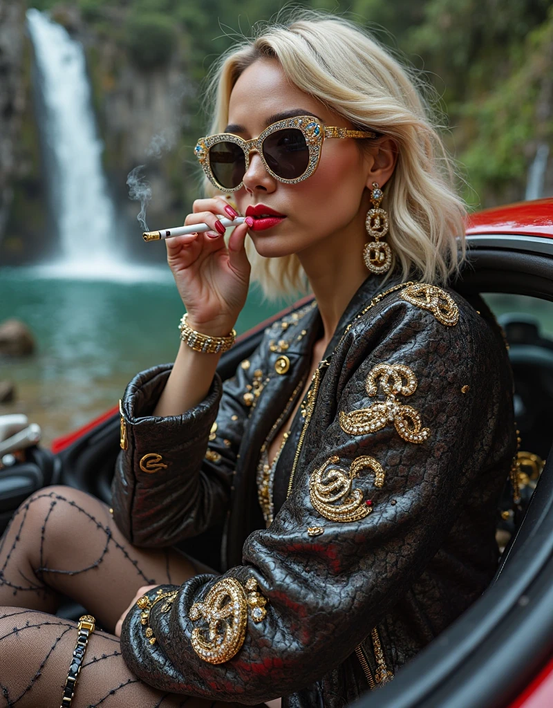 90s woman, gangsta rapper. Boss gangster in sunglasses and gold chain. lounging on a red leather couch. Holding a cigarette. Rapper style apparel, sleek braided hair, oversized clothes, photo depth of field, shadows, grainy, seductive analog lofi (by Oleg Oprisco Laura Makabresku), green wall, dimly lit, potted plant