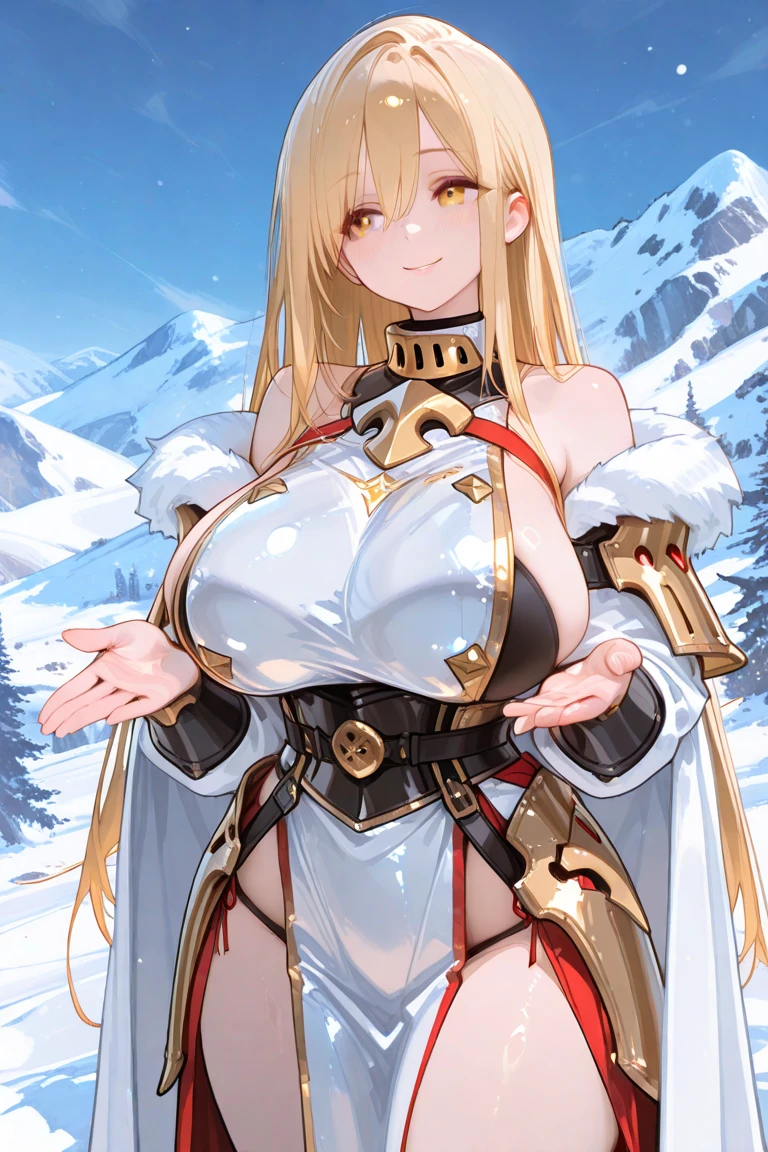 best quality, anila, 1girl, solo, brown jacket, thighhighs, hair bow, large breasts, cleavage, very long hair, parted lips, snow, mountain, outdoors, cowboy shot <lora:Anila (Granblue Fantasy):1> ADDCOL best quality, snow, mountain, outdoors, sunset, pine tree, scenery
