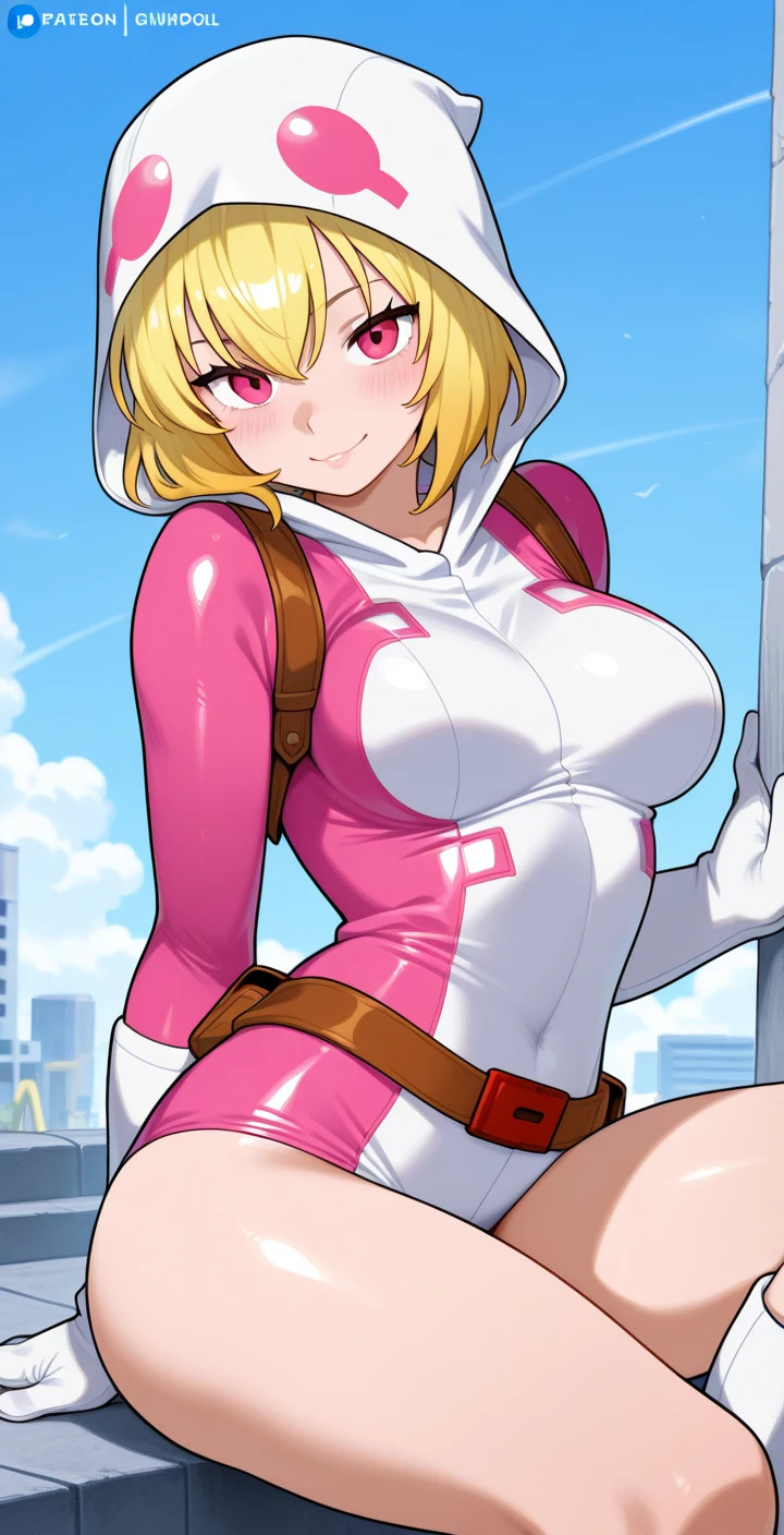 masterpiece,best quality,ultra-detailed,illustration,1girl,clover \(totally spies\),blonde hair,short hair,blue eyes,(grin:0.7),looking at viewer,standing,upper body,pov,<lora:brj-clover-v1:1>,outdoors,park,tree,cloud,pink bodysuit,cameltoe,covered nipples,covered navel,(flat chest),bunny pose,