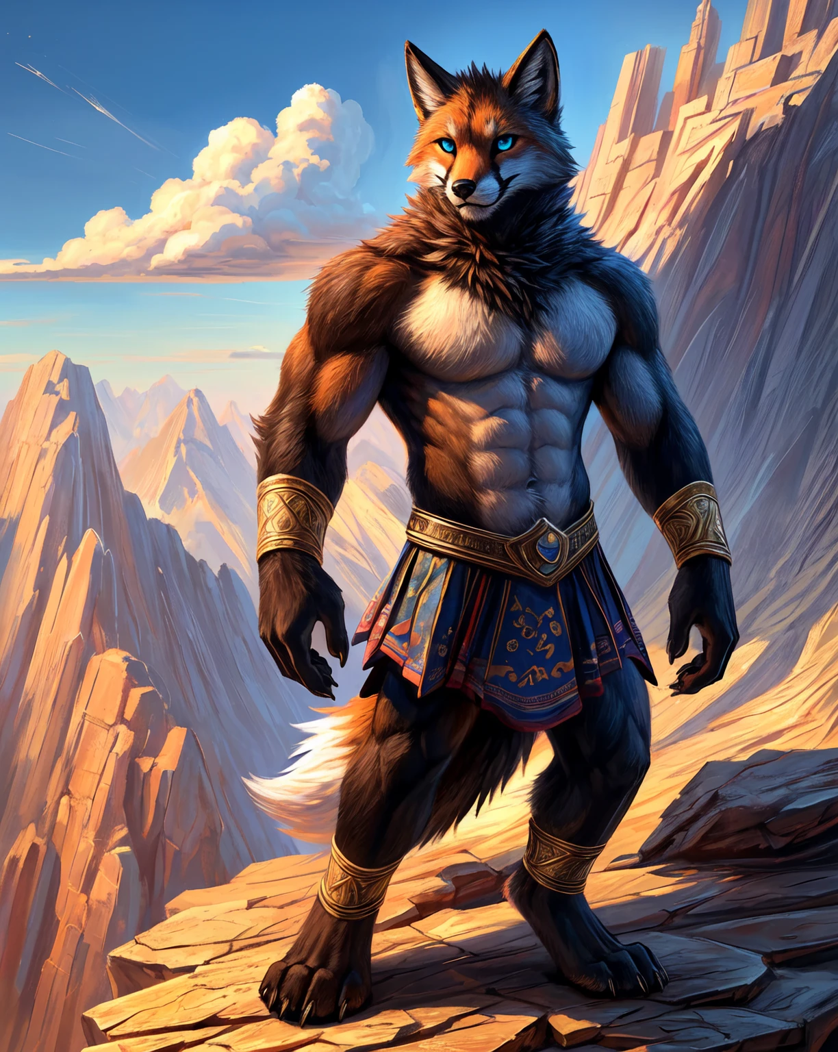 masterpiece,high quality,anime,detailed eyes,furry male brown Wolf, Blaidd, Great physique,strong arms manly, in a mearow, show some planets around, confortable suit, (Sunset), Shimmering clouds, Surrounded by clouds, serious, by null-ghost,by pino daeni