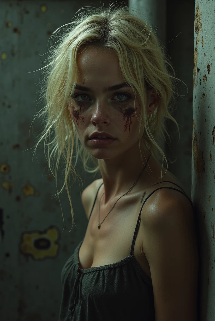 best qualityer, ultra detaild, bright coloured, foreshortening, Depth of field, from above view, looking straight at me, a young teenager, comely, blond, 2 braids, black bandana in hair, eyes browns, large and firm breasts, completely naked, sitting on your knees, the bottom is a dark alley, garbage bin, ultra low light, natta, she is very thin and hungry, your face is thin and sad, your legs and arms are thin, she is filthy, you feel sorry for her.
backlighting, film grain, clair obscur, depth of field, cinematic lighting, 16K, super detail, uhd, textured skin, award winning
