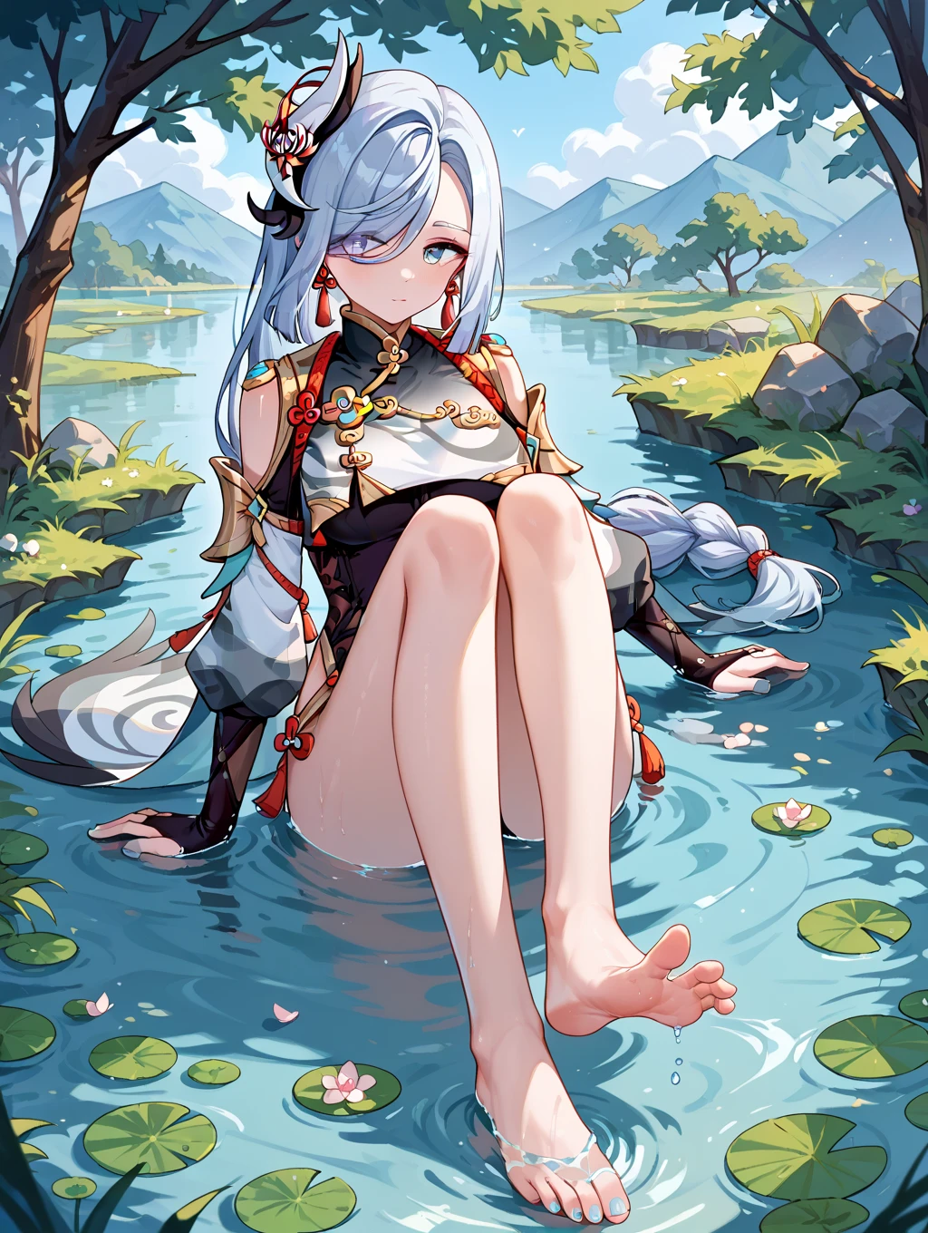 ganyu_\(genshin_impact\), hiten kei style, claude monet, oil painting, horns, masterpiece, hyper realistic, realistic skin, best quality, 1girl, lakeside, medium breasts, huge nipples, erect nipples, topless, full body, vector illustration, nipples, light smile, open mouth, bangs, long hair, stomach, navel, bare shoulders, light blue hair, wet, soaked, raining, sarong, loincloth, black pantyhose, magnolia leaves, autumn, sky, hands up, arched back, stretching, open mouth, bored, waterfalls, cliffs, falling leaves, resting, holding a wooden pail, wet body, pouring rain, washing her body, taking bath, arched back, white flowers, eating honey, honey poured on body, body drenched in honey, long tongue, sticky, tongue out, white flowers on hand, feeding frenzy, saliva string