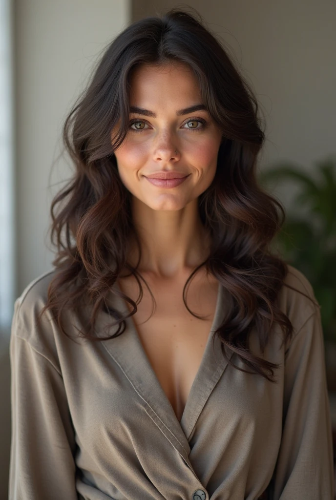 Belle brune portant un pull beige (in a modern cafe at sunset), very detailed, 21 years old, innocent face, brown natural wavy hair, yellow vert, high resolution, chef art, Best quality, Intricate details, very detailed, mise au point nette, detailed skin, peau texture Realistic, texture, detailed hazel eyes, professionnel, 4k, enchanting sourire, shot on Canon, 85mm, low champion depth, Couleur Kodak Vision, Corps parfaitement adjustment, Extremely detailed, photographer_ \( ultra \), photoRealistic , Realistic, Post-treatment, Maximum detail, roughness, vrai vie, ultra Realistic, photorealism, photography, 8k euh, photography, bare shoulder, très-petit neckline, no sous-vêtement, sexy, flirtations with the camera, consider sexy, consider directement la camera, with uncovered face, ne porte pas de sous vetements, nipple visible under the t-shirt, grains of beauty sous l'oeil droit
